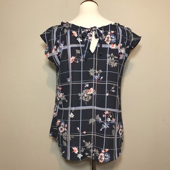 Lauren Conrad Sleeveless Floral Plaid Back Keyhole Bow Tie Blouse EUC - Picture 5 of 9